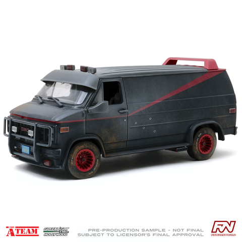 THE A-TEAM: 1983 GMC Vandura Black Weathered Version with Bullet Holes 1:18 Scale Diecast Model Car